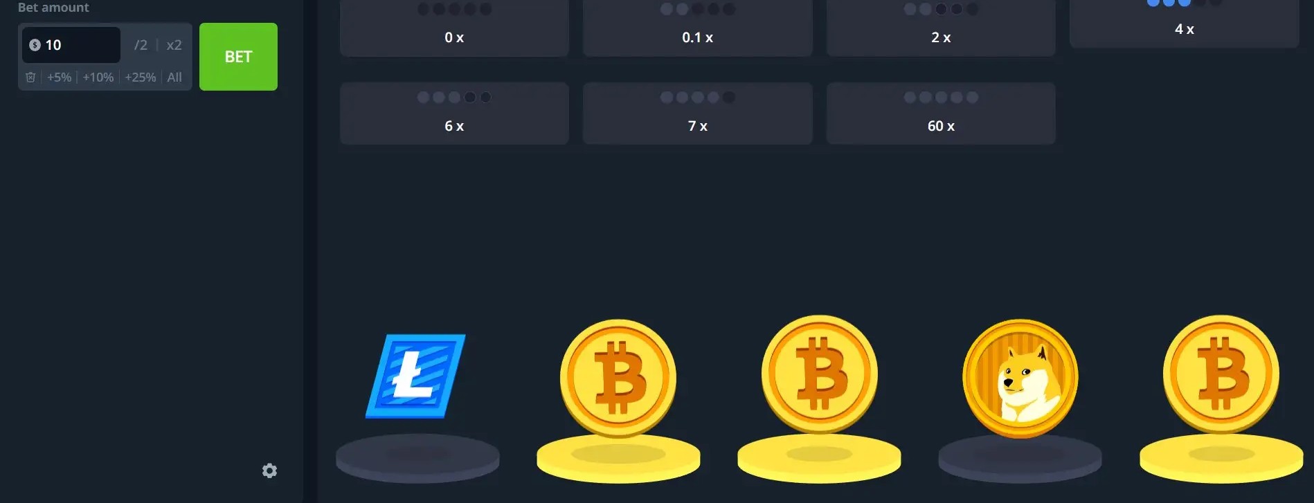 Cryptos bet panel with Litecoin, Bitcoin and Dogecoin coin icons