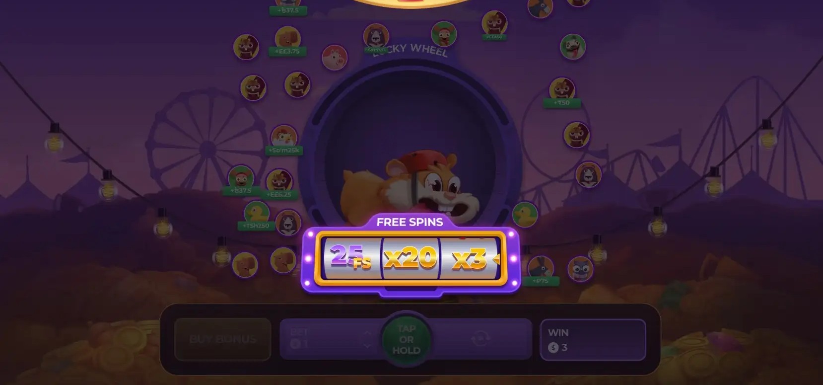 Hamster Run screenshot 3 - Free Spins bonus reel showing 25 free spins with x20 and x3 multiplier symbols