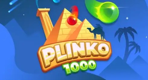 Plinko 1000 title art with pyramids, a camel and a comet