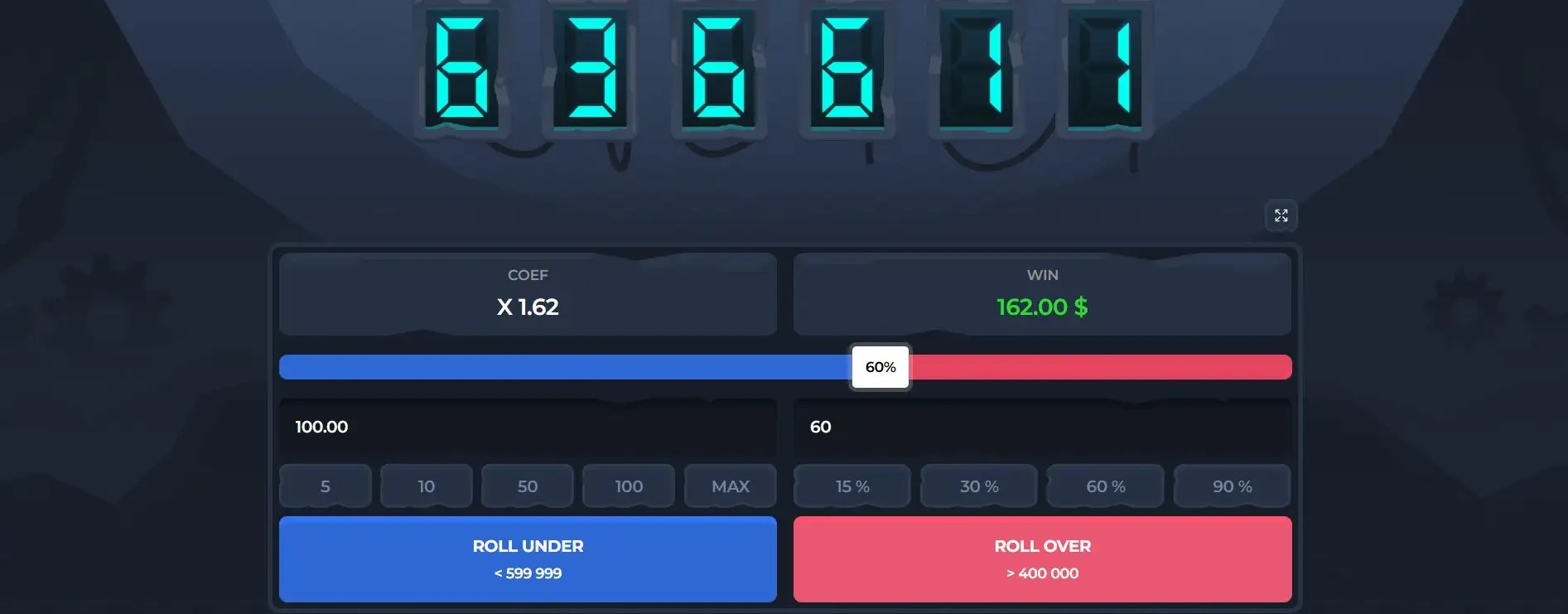 Robo Dice gameplay screenshot showing the digital dice roll, coefficient, win amount, and roll under/over buttons